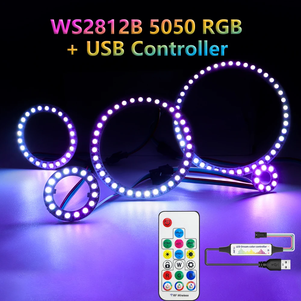 

USB5V Leds Pixel Ring 8/16/24/35/45 SMD5050 RGB 17Keys RF Controller AddressabIe WS2812B Night Light For Power Bank Decoration
