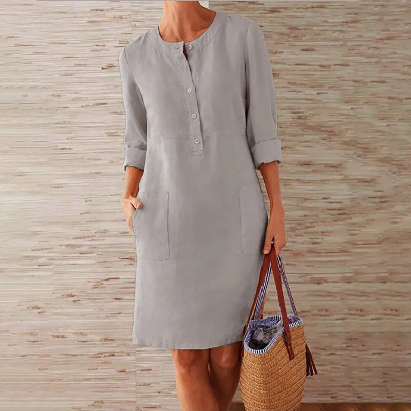 

Women Dress Casual Solid Long Sleeve Cotton and Linen Tunic Dress Vintage Straight Dress Long Sleeve Oversized Mini Dress 2022