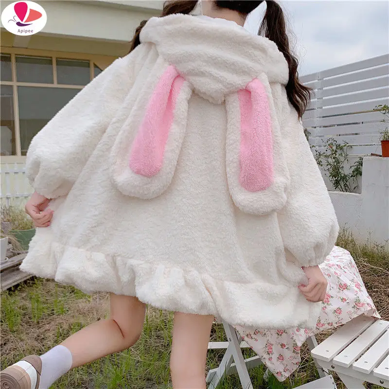

Zip Up Jacket Jacket Women Lolita Teddy Rabbit Ears Hooded Soft Girl Ruffle Faux Wool Coat Lambswool Cotton Thick Outer New