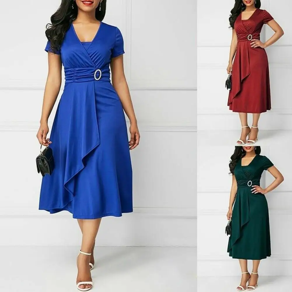 

2022 Fashion Elegant Women Solid Color Short Sleeve V Neck Asymmetric Hem Waist Tight Midi Party Dress Ladies Evening Vestidos