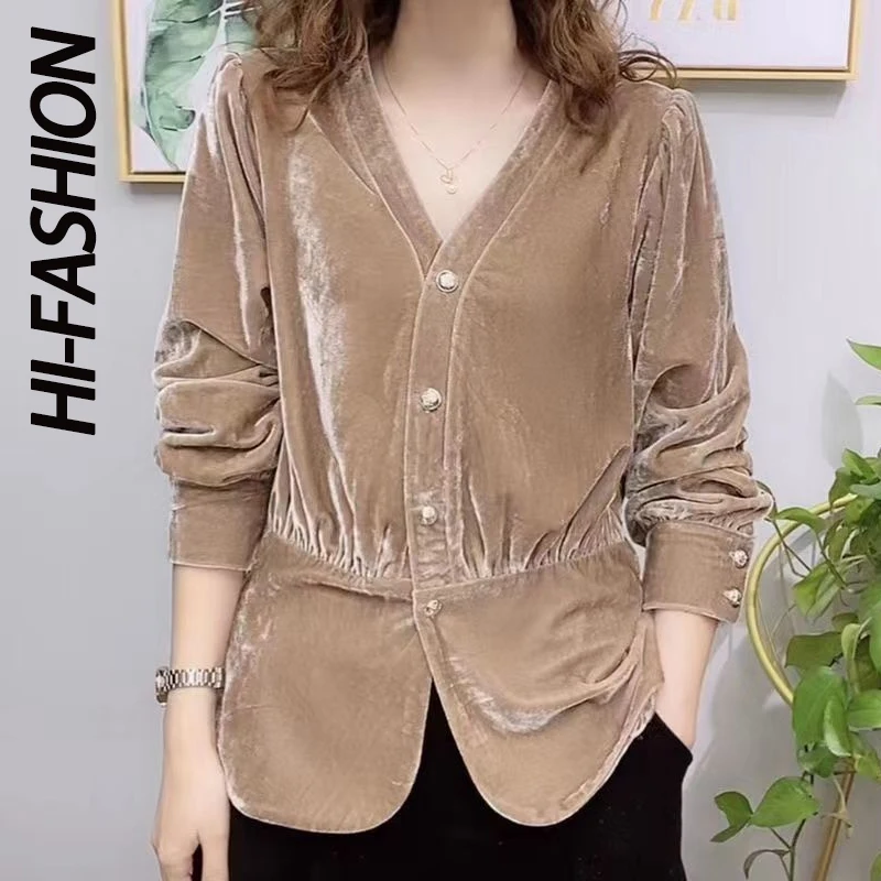 

Женская винтажная однобортная рубашка HI-FASHION с V-образным вырезом, универсальная однотонная блузка с длинным рукавом для женщин на весну-осе...