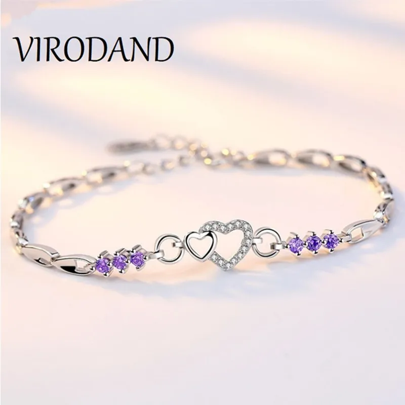 

New 925 Sterling Silver Bracelet Purple Crystal Zircon Heart For Woman Charm Bracelet Jewelry Gift