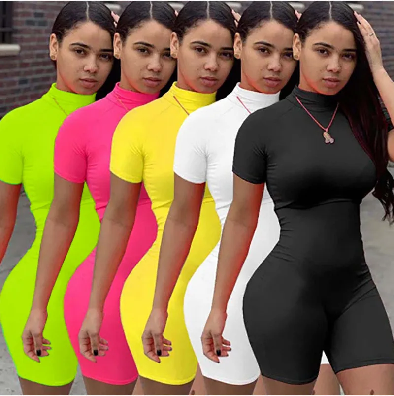 

Fitness Women Streetwear Neon Bodysuit Women Mock Neck Short Sleeve Casual Jumpsuit High Elastic Sexy Tight Sports Overalls 2023