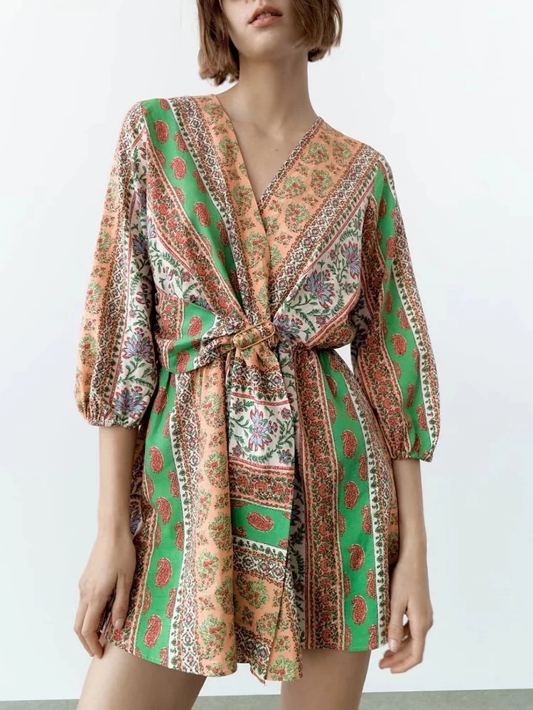 

KBAT Print Short Women Jumpsuits 2022 Summer Vintage Woman Clothing Long Sleeve Jumpsuits Chic Belt Streetwear Female Jumpsuit
