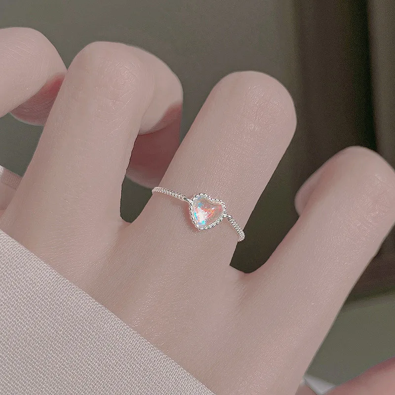 

Korean Fashion Moonstone Rings for Women Silver Color Elegant Chain Adjustable Zircon Heart Ring Girls Jewelry Accessories Gifts