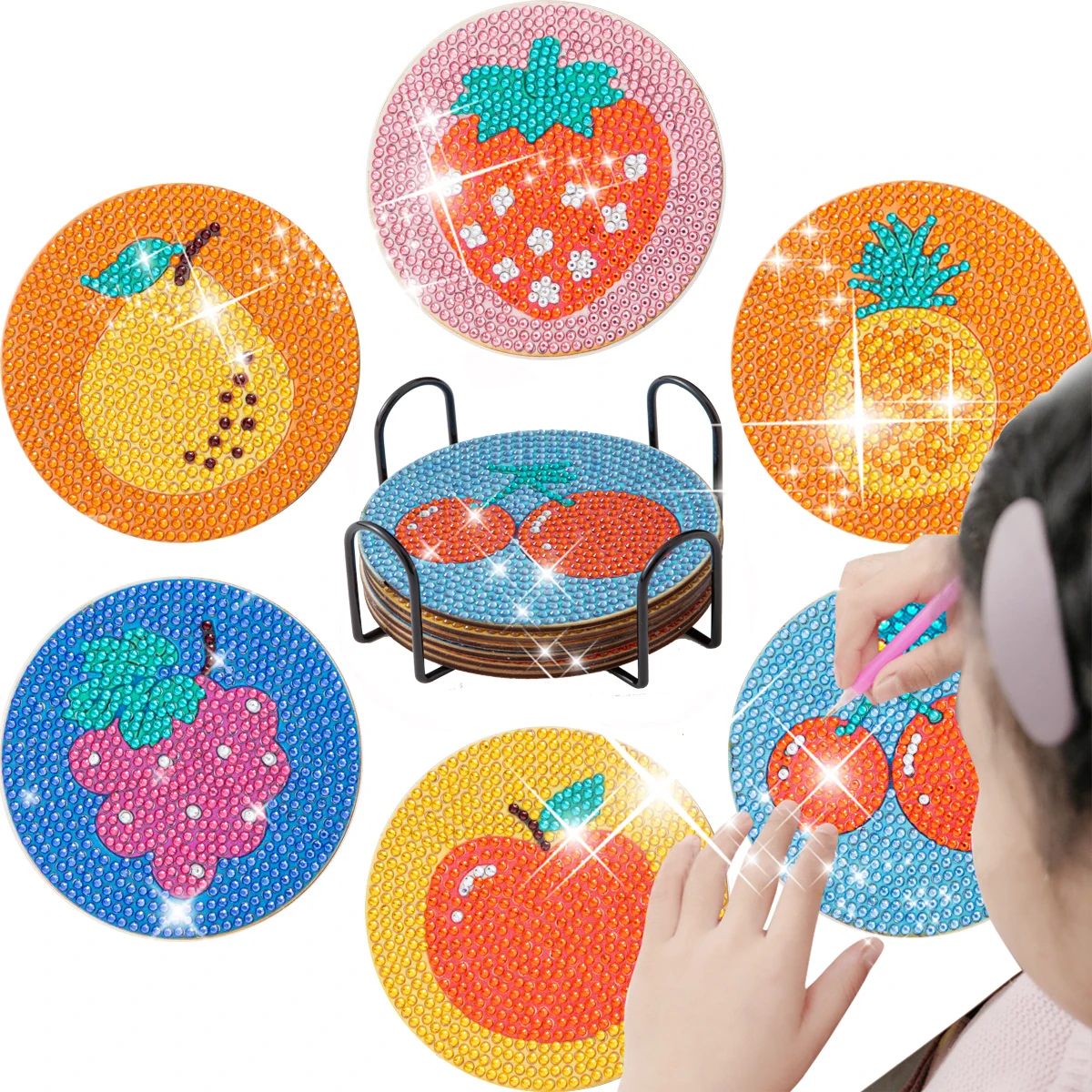 

PhotoCustom 6Pcs DIY Diamond Fruit Painting Coaster Rhinestones Embroidery Coaster Cup Cushion with Rack Table Placemat Cup