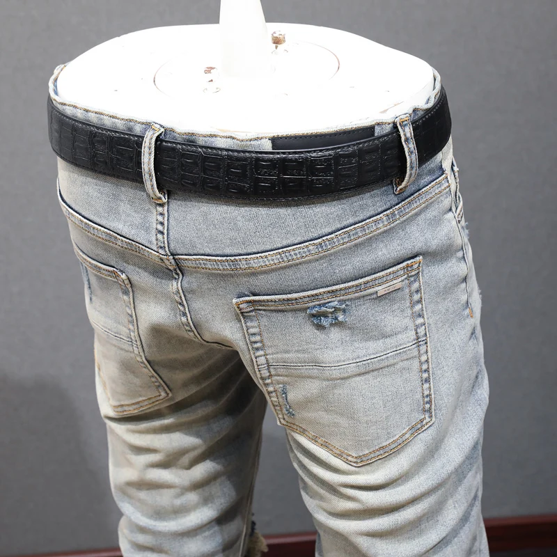 High Street Fashion Men Jeans Retro Gray Blue Elastic Stretch Skinny Ripped Jeans Men Patched Designer Hip Hop Brand Pants Homme