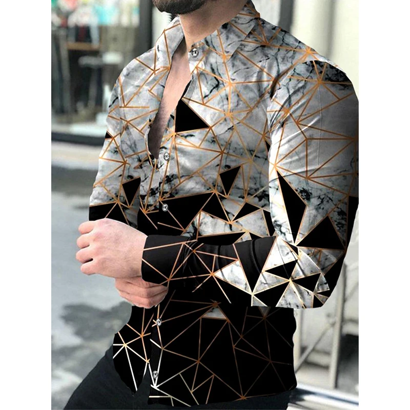 

Spring men's social fashion shirts turn-down buttoned collar shirt casual geometric print long sleeve tops men's clothing cardig