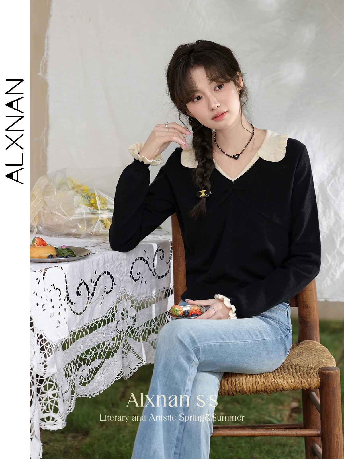 ALXNAN женский свитер с воротником Питера Пэна осень 2023 новый сращенный вязаный