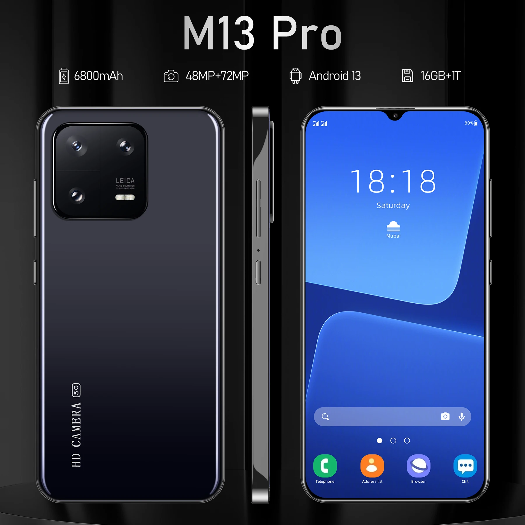 

Смартфон M13 Pro, 6,8 дюйма, HD камера 48 Мп + 72 МП, 16 + 1 ТБ, Android