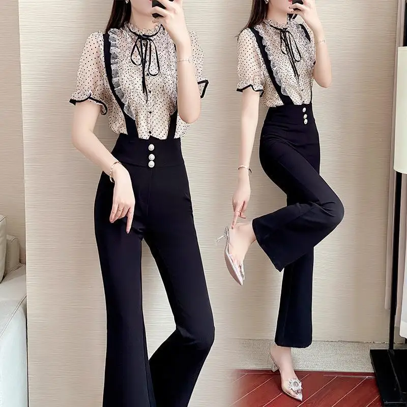 

Women 2022 Summer 2 Piece Set Female Polka Dots Print Short Sleeve Shirt +High Waist Suspender Wide-Leg Pants Clothing Suit N26