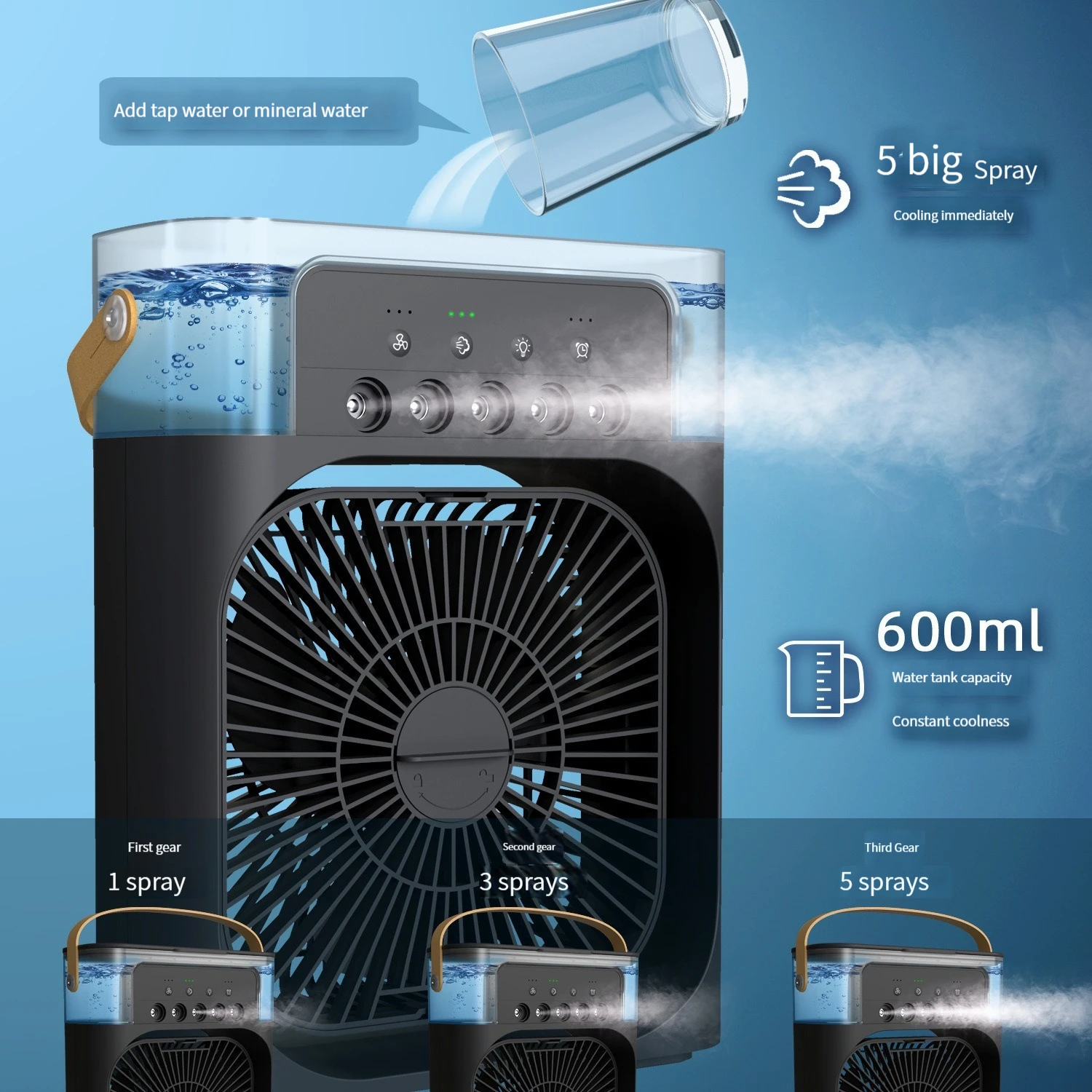   Spray small fan five hole humidification small refrigeration air conditioner mini fan water-cooled silent air cooler 