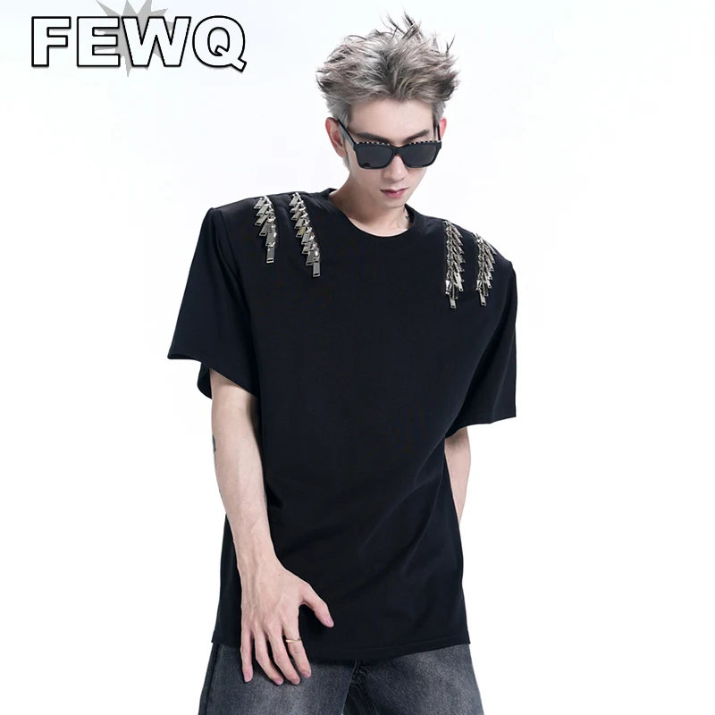 

Мужская футболка с коротким рукавом FEWQ, с металлической молнией, американская стильная уличная одежда, топы с наплечниками и круглым вырезо...