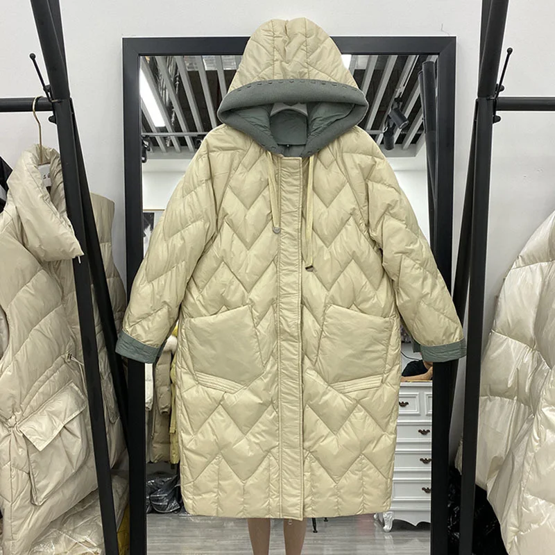 Down Women White Duck Long Jacket Light Casual Loose Autumn Winter Warm Outwear with Hood Patchwork Knitting Coat New