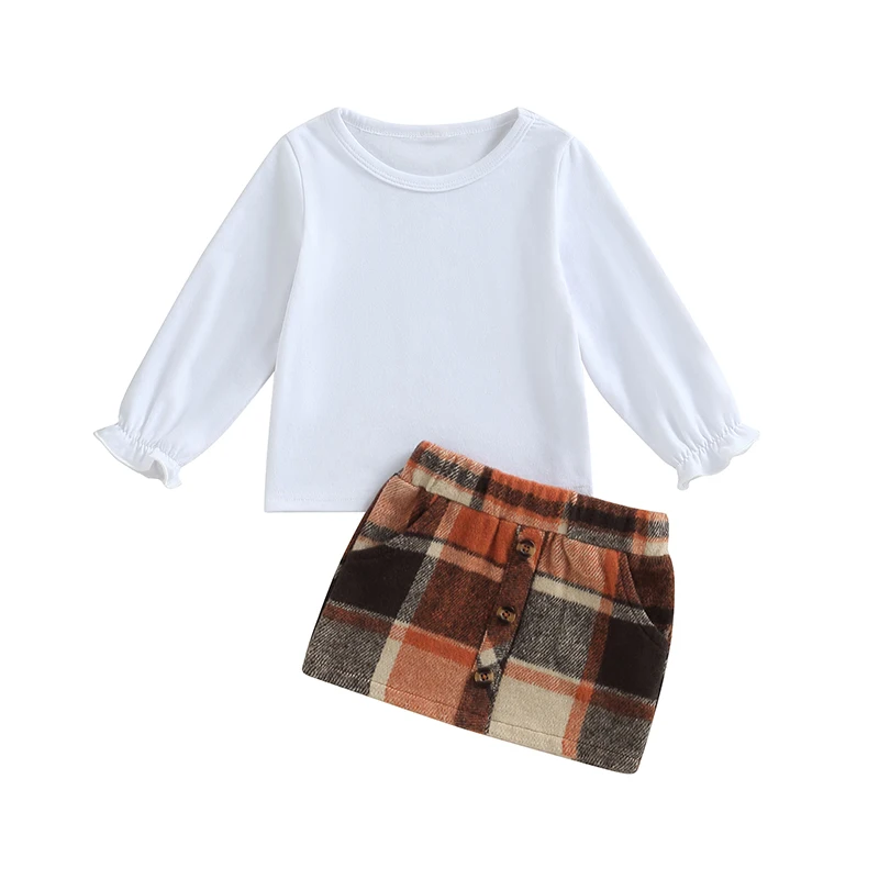 

Весенняя одежда для маленьких девочек, Однотонная футболка с круглым вырезом и длинным рукавом и клетчатая юбка с эластичным поясом, комплект одежды из 2 предметов
