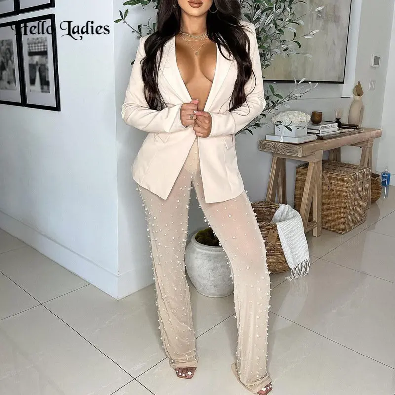 

HL Women Elegant Beading Mesh See Though Pants Suit And Long Sleeve Blazer Matching Set Casual Two 2 Piece Set Outfits