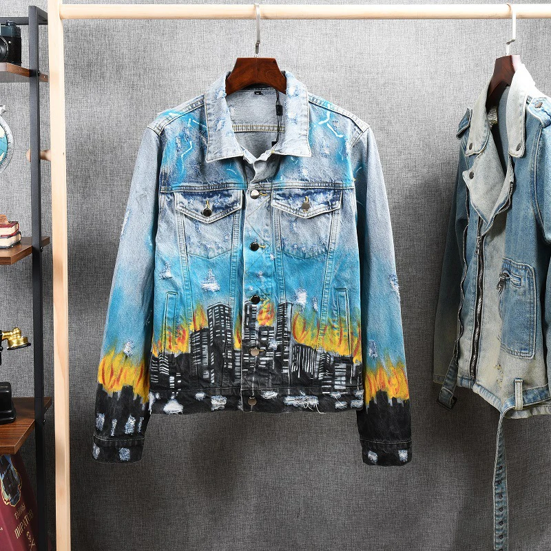 

AM Fashion Brand Men's Denim Jacket Streetwear Trendy Flame Lightning Paint Coats High Quality Casual Button Jean Jacket