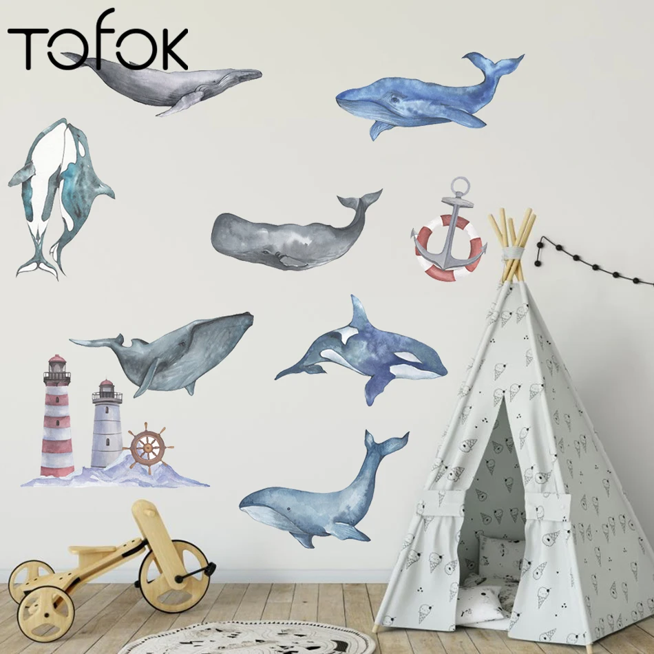 

Tofok Dolphin Whale Watercolor Hand Painted Lighthouse Ocean Self-adhesive Wall Stickers Living Room Bedroom Wall Decoration