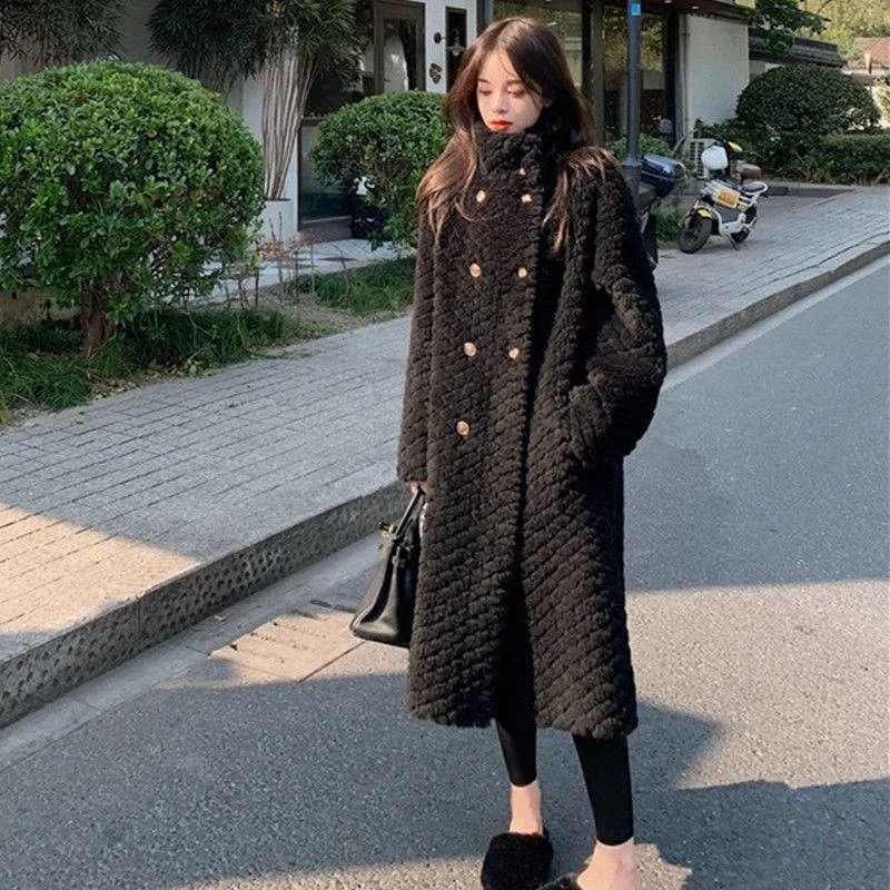 

Двубортное пальто из хлопка ягненка и плюша из искусственного меха, утолщенное теплое свободное зимнее пальто с высоким воротником для женщин в Корейском стиле, уличная одежда