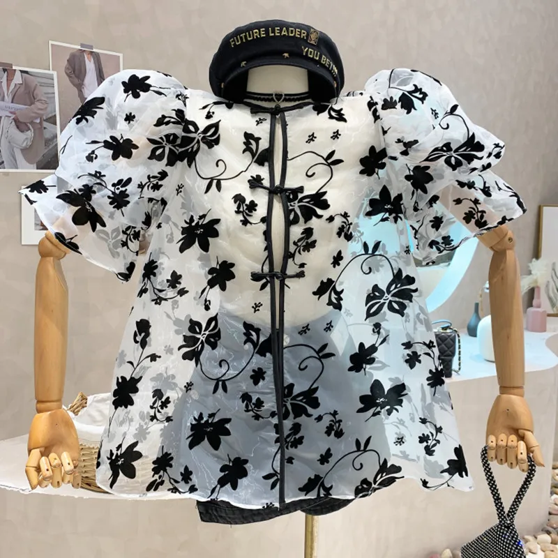 

Niche Design New Women's Clothing 2022 Summer Thin Retro Sunscreen Loose Bubble Short Sleeve Mesh Doll Shirt Top Blusas