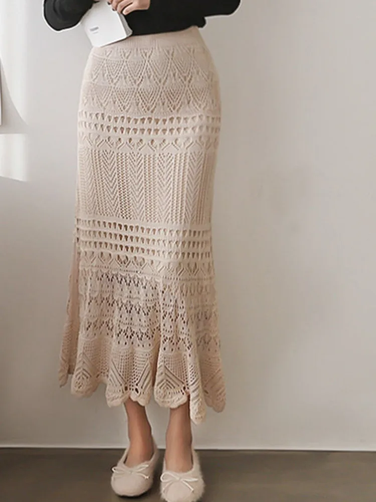 

Skirt Female High Waist Easy Crochet Hollowed Out Knitting Buttock Wrapping Medium Length Skirt Spring And Autumn
