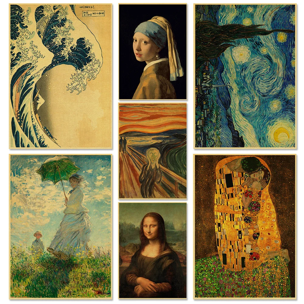 

Classic Famous Oil Painting Collection Kraft Paper Posters Van Gogh Starry Night Scream Wall Decor Poster Art Painting Pictures