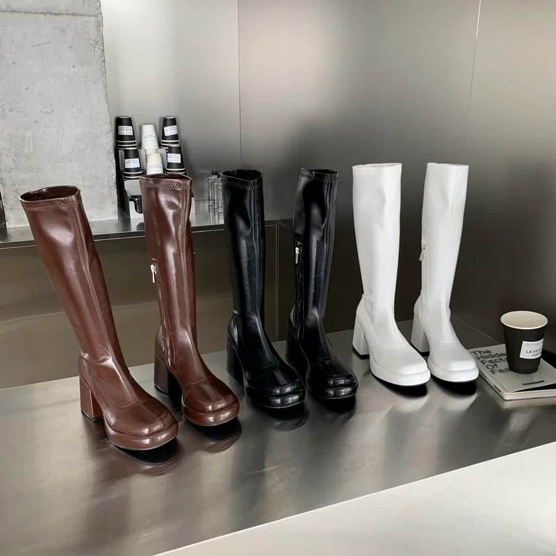 Pu Leather Large Tube High Boots Brown Knight Boots Women's 2023 Spring and Autumn Thick Bottom Small High Heel Thick Leg Boots