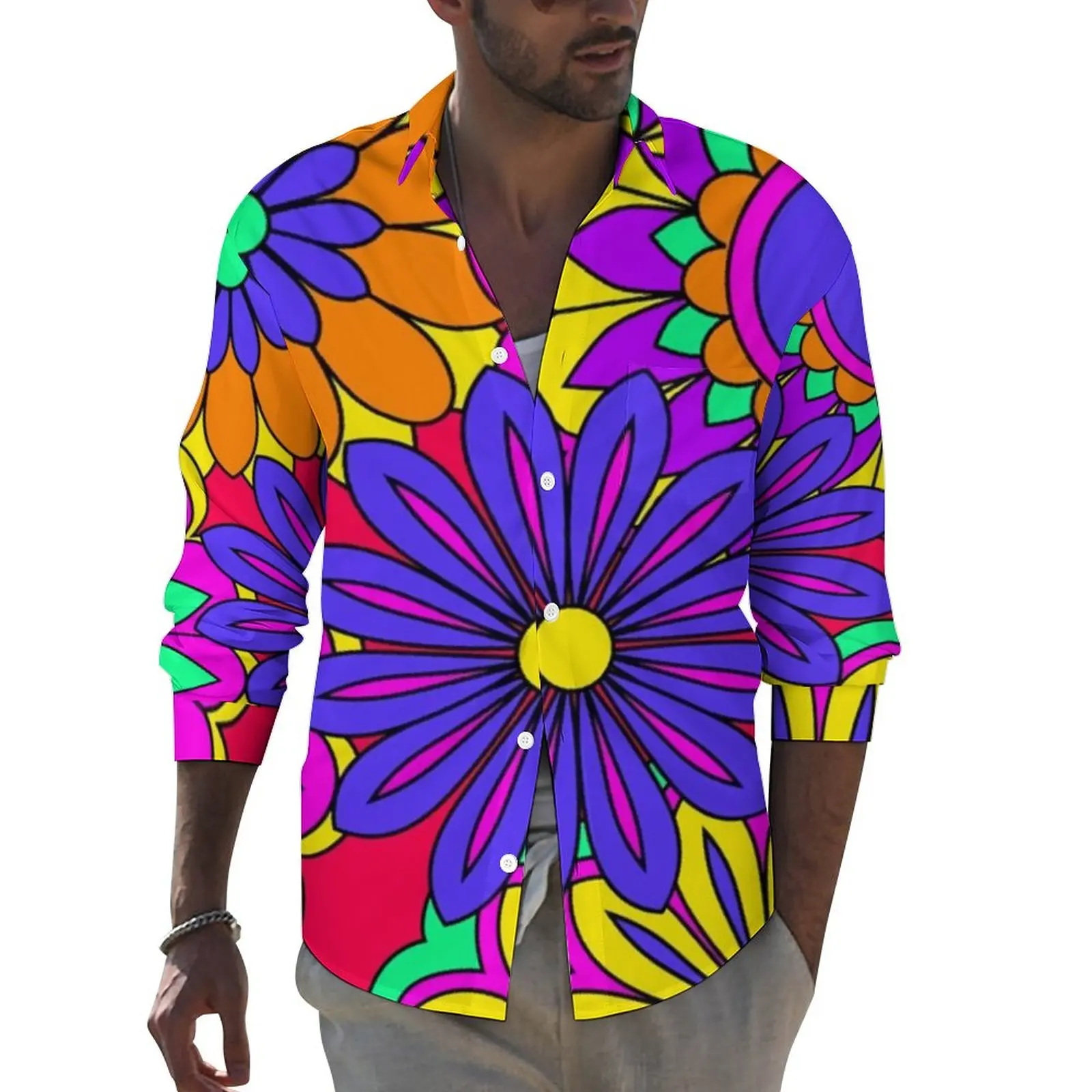 

Psychedelic Print Stylish Casual Shirt Groovy Flower Power Shirt Autumn Fashion Blouses Long Sleeve Design Oversized Clothing