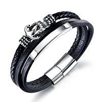 fashion stainless steel anchor hand ornament mens black leather bracelet multi layer woven vintage mens bracelet