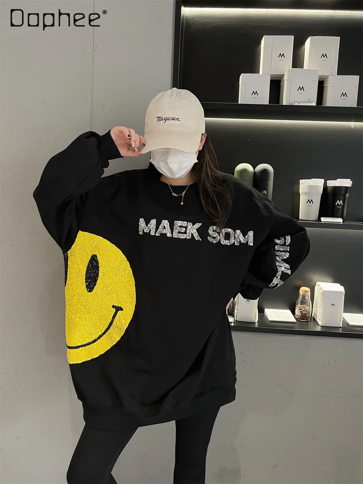 Embroidery Mid-Length Sweatshirts Women's Fleece-Lined Thickened Winter Loose Sequins Smiley Round Neck Long Sleeve Hooodie Coat