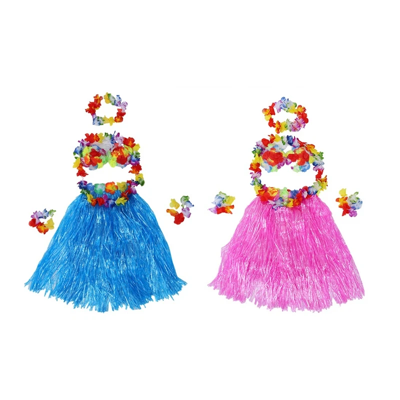 

12 Set Hawaiian Grass Skirt Flower Hula Lei Wristband Garland Fancy Dress Costume - 6 Set Pink & 6 Set Blue