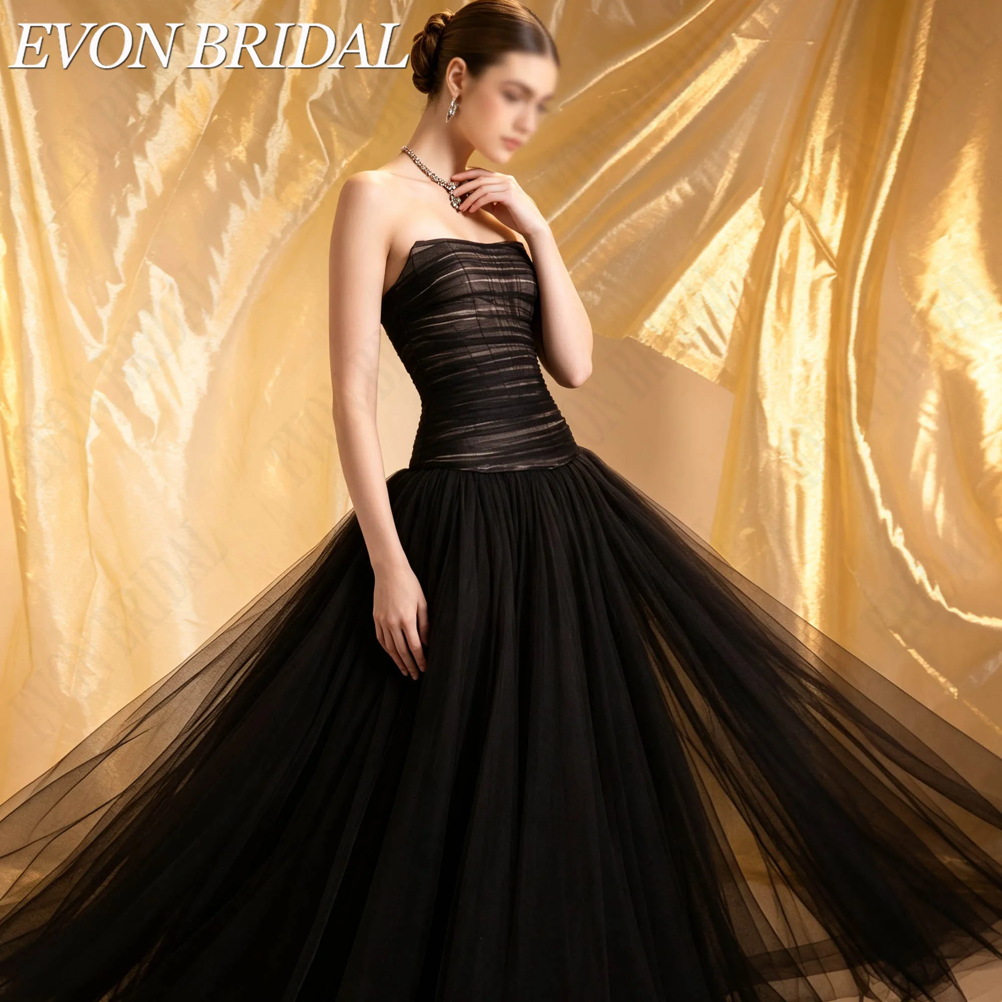Фото EVON BRIDAL Бесрукавный Банд топ С Горизонтальными Складками Из Тюля Многослойный Легкий Черный Тюль Длинная Очень Широкая А-Линия Юбка Платья С Молнией На Спине Сделанные На Заказ На Официальные Вечерние Мероприятия №5