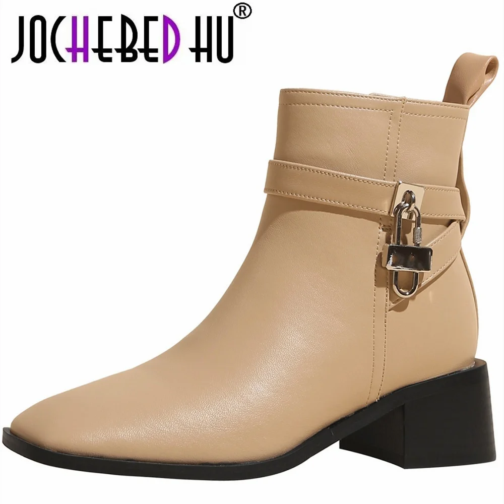 

【JOCHEBED HU】Unique Design Women Shoes Metal Decor Square Toe Zip Ankle Boots Genuine Leather Heels Crystal Modern Short Boot