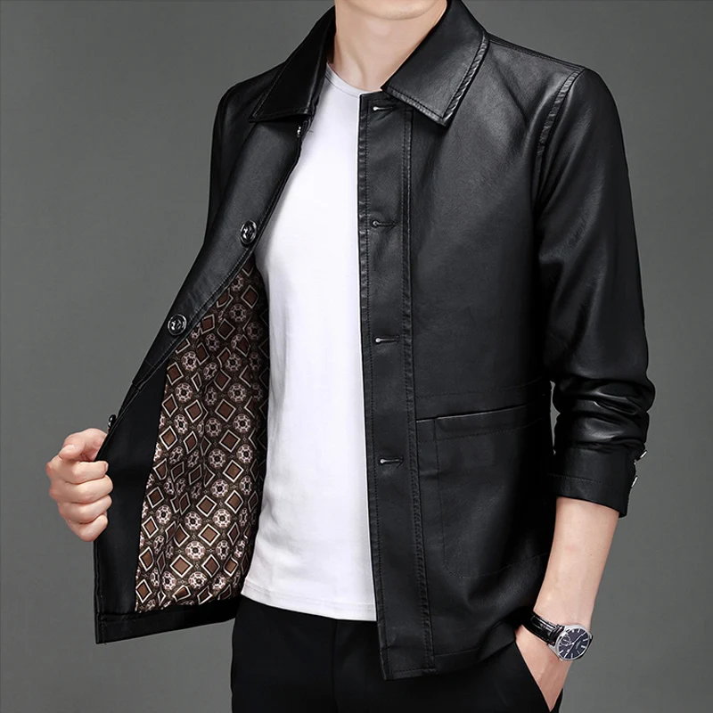 

Spring Autumn Men Leather Jacket Casual Turndown Collar Slim Fit Mens Pu Leather Motorcycle Coat Plus Size 5XL Leather Clothes