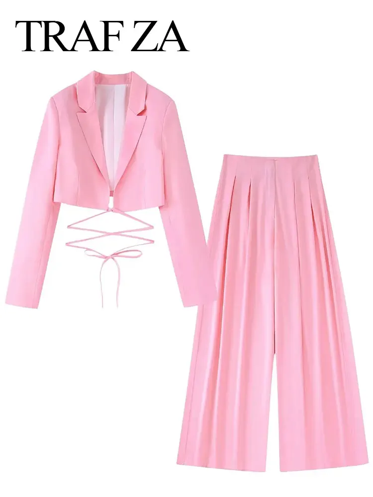 

Женский костюм из двух предметов TRAF ZA, розовый короткий Блейзер большого размера с длинными широкими брюками