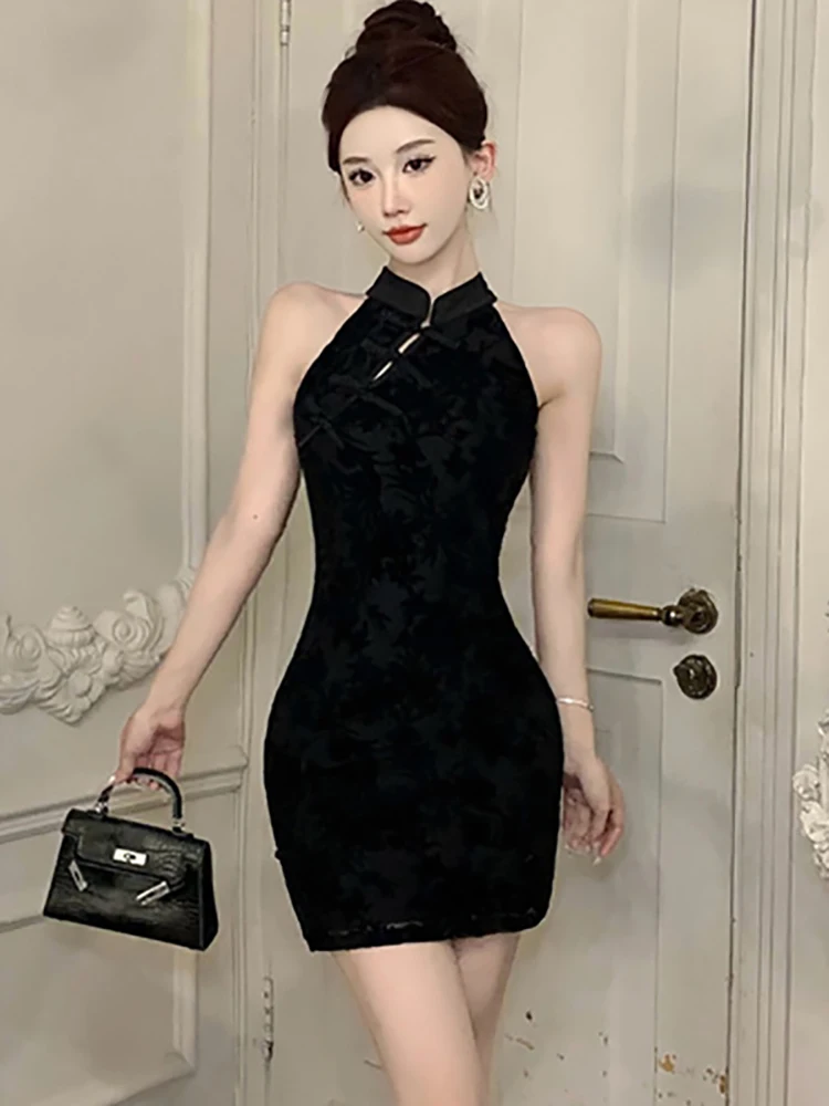 Черное жаккардовое шикарное соблазнительное Клубное платье с воротником