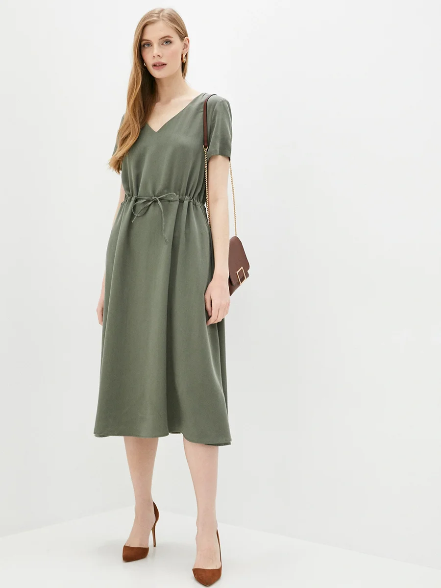 

Женское винтажное платье-миди с поясом, повседневное элегантное офисное платье-трапеция с коротким рукавом, v-образным вырезом, карманами и ...