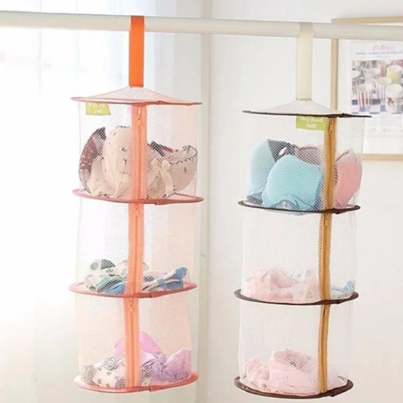 

Zipper Bra Drying Basket 3-layer Hanging Net Mesh Storage Basket Bag Hanging Cage Clothes Bra Drying Organizer