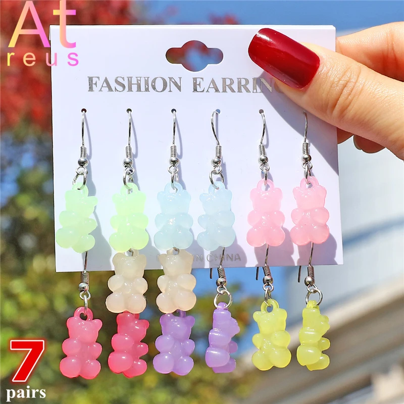 7-9pairs/set Fluorescent color Acrylic Gummy Bear Drop Earrings for Women Girl Pearl Studs Zirconia Cartoon Animal Shell Earring