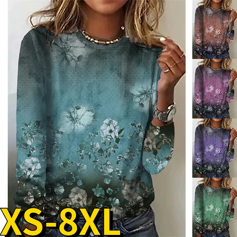 2022 Autumn Winter Vintage Flower Printing Long Sleeve Regular Pullover Oversized T-shirt Women's Round Neck Fashion Tee Shirt