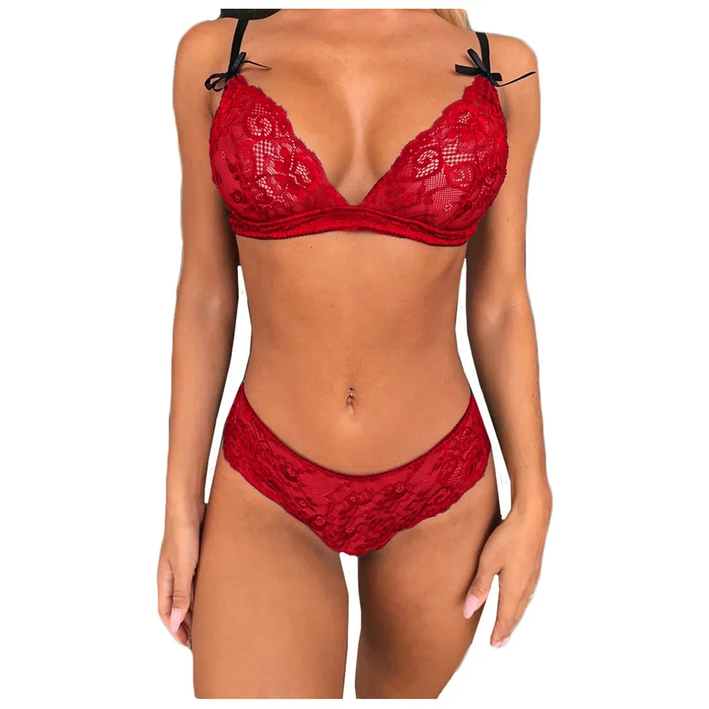

Erotic Sexy Lingerie Women Babydoll Sexy Lace Underwear V-Neck Bow Wireless Bra Thong Sets Plus Size Porno Lenceria Mujer S-3XL