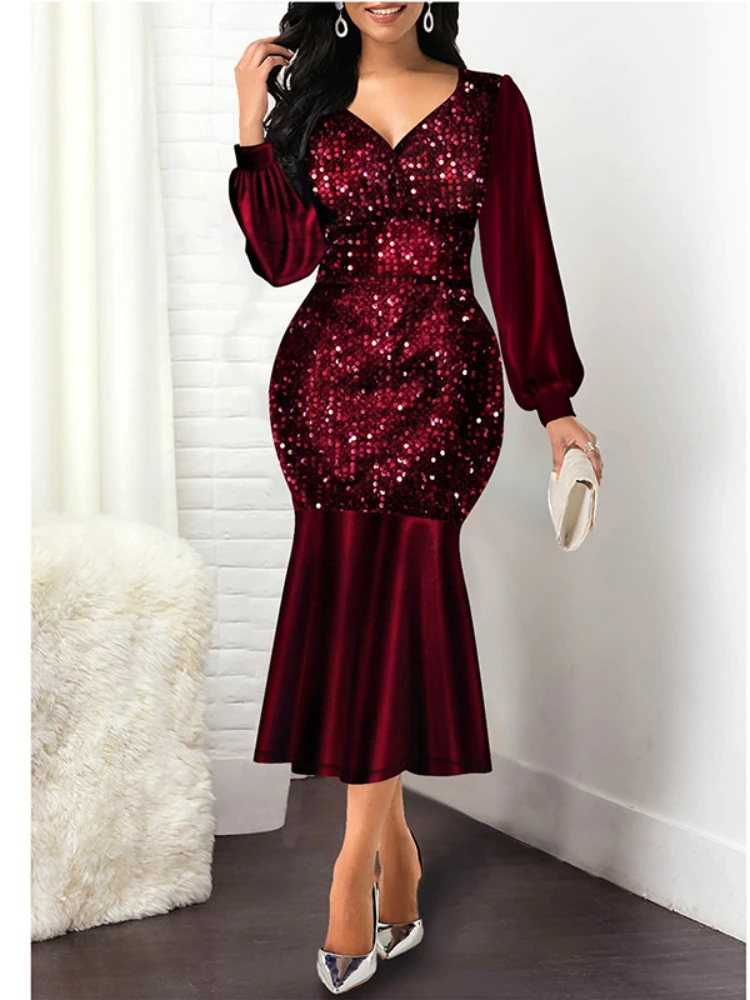 

Блестящие платья с блестками, сексуальное облегающее платье с V-образным вырезом и длинным рукавом-фонариком, блестящее женское вечернее пл...