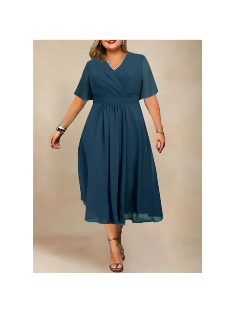 Solid V-neck ruffled short sleeves spring, summer and autumn sexy holiday casual dress plus size women clothing