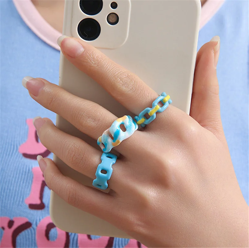 

Korean Style Blue Geometric Rings For Women Girls Colorful Enamel Ring Y2K Jewelry Gift Accessories Bague