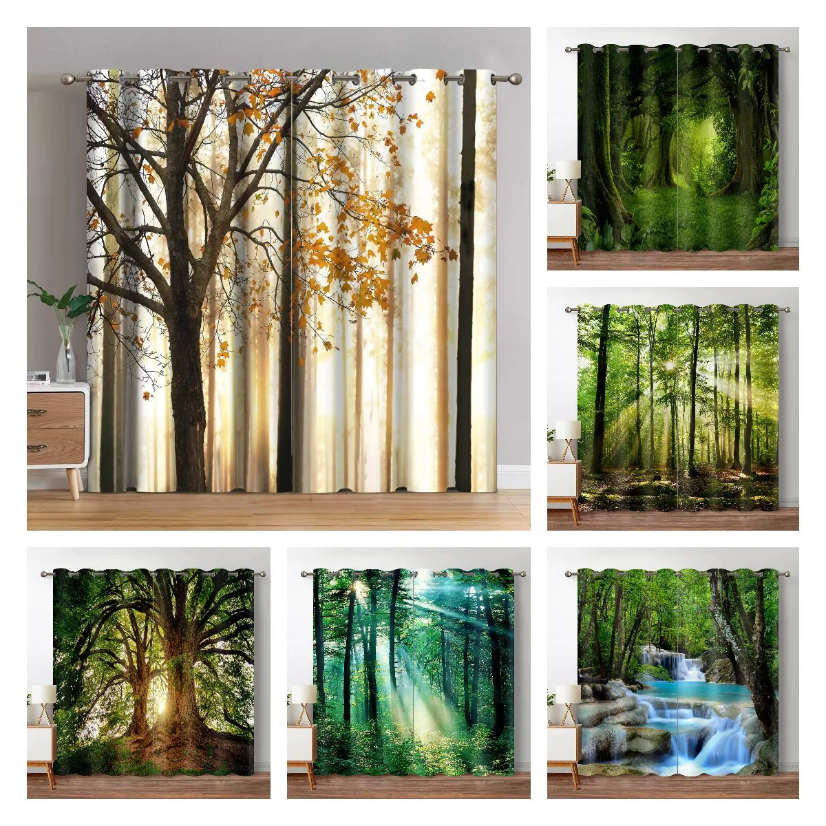 

Forest Blackout Curtains Jungle Tree Nature Scenery Window Curtain Living Room Bedroom Waterfall Left and Right Biparting Open