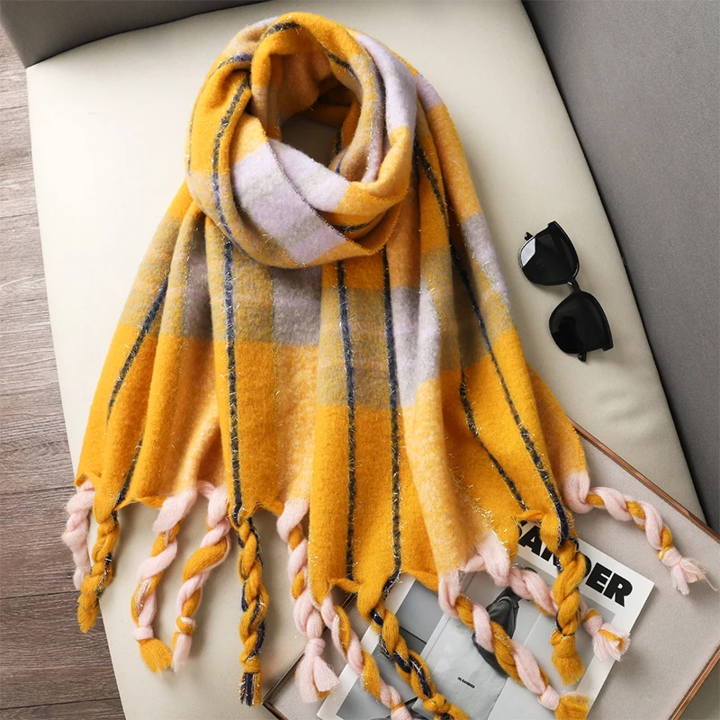 Роскошный клетчатый шарф зимние теплые кашемировые женские шарфы из пашмины с