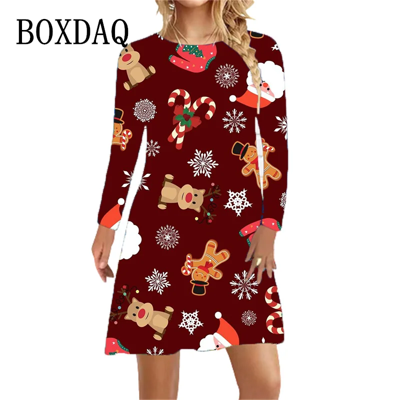 Рождественская елка Платье с принтом Женская новогодняя вечеринка Мини платье