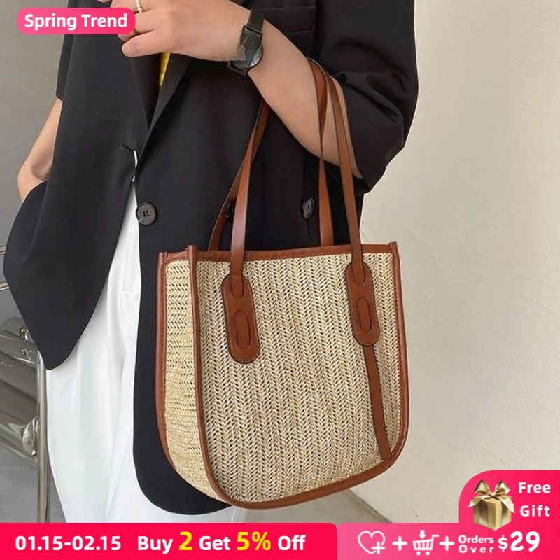 

Straw Woven Women's Top Handle Beach Bags Female Summer Fashion Large Shoulder Bag All-match Travel Small Tote Purse Handbags