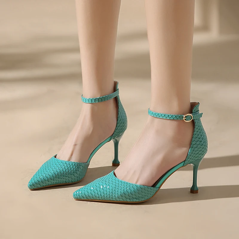 

Sexy Point Toe Thin Heels Pumps Women Solid Color Ankle Strap High Heels Shoes Woman Brand Design Pu Leather Party Shoes