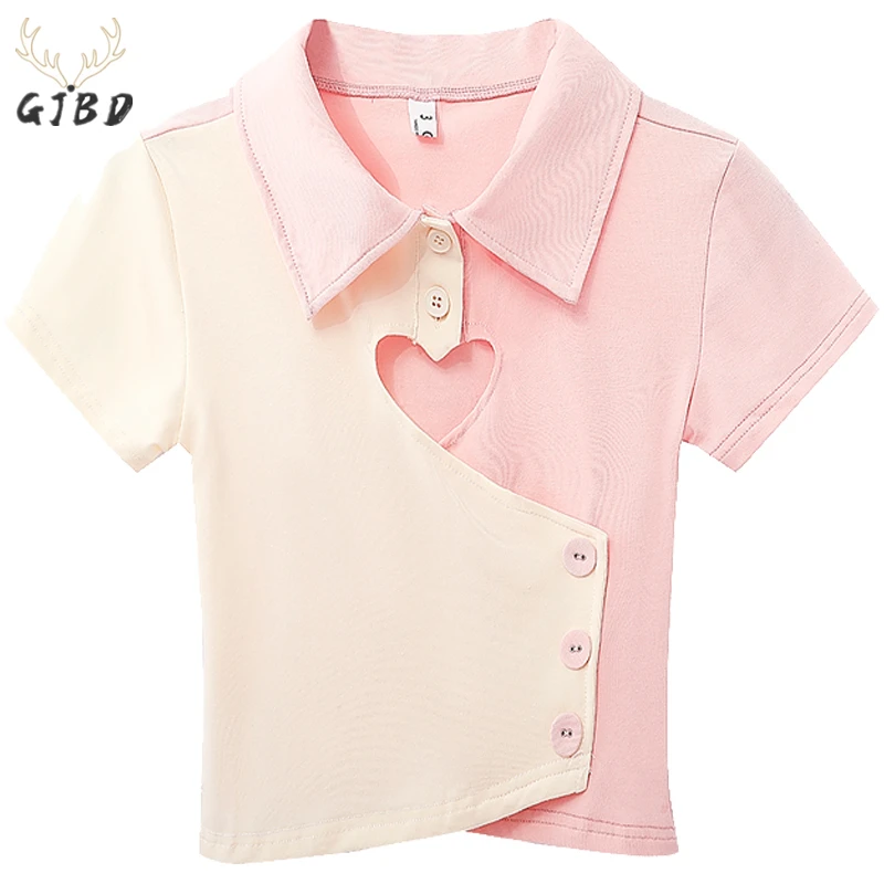 

Women's Knitting Pink Shirts Heart Hollow Out Polo Collar Button Short Sleeve Casual Fashion Baggy Ladies Blouse Tops Summer